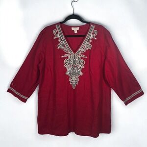 Charter Club Luxury Linen Tunic Top Red Embellished V Neck 3/4 Sleeve Woman XL